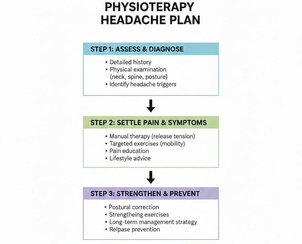 Three-step physiotherapy plan for posture-influenced headaches.