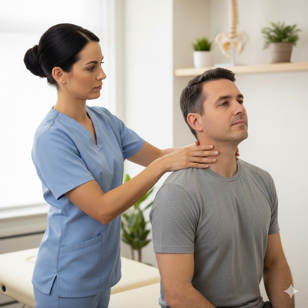 Physiotherapist assessing neck mobility for headache management.