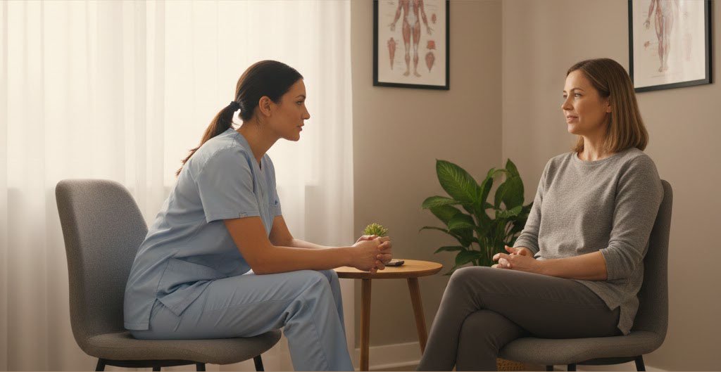 Physiotherapist speaking with a woman in a private consult room