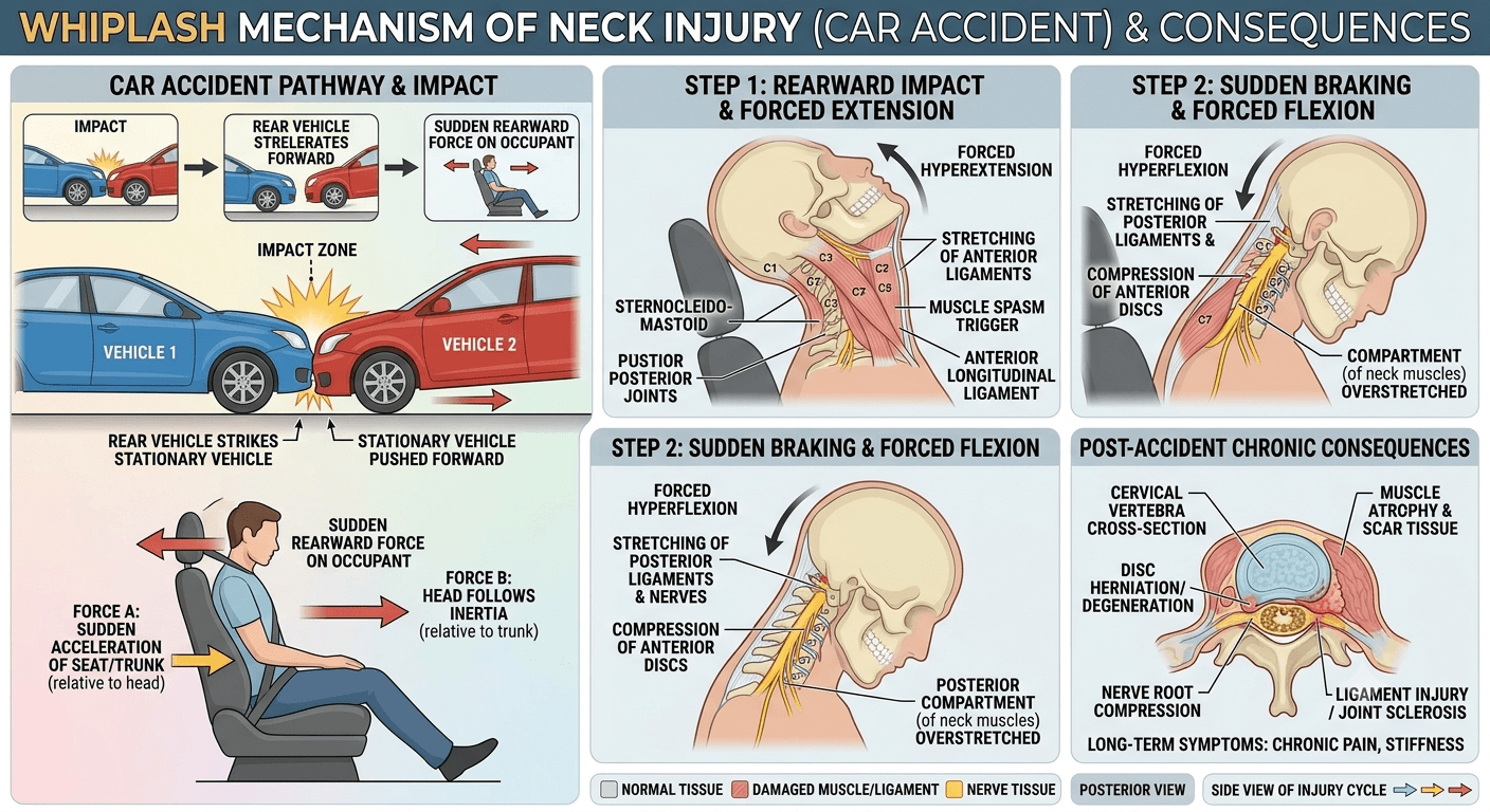 Neck Pain After a Car Accident? Whiplash & TAC Guide 2 Illustration showing the whiplash mechanism of neck injury in a car accident.